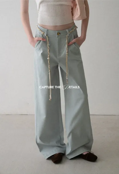 High Waist Wide Leg Pants with Braided Cord Detail