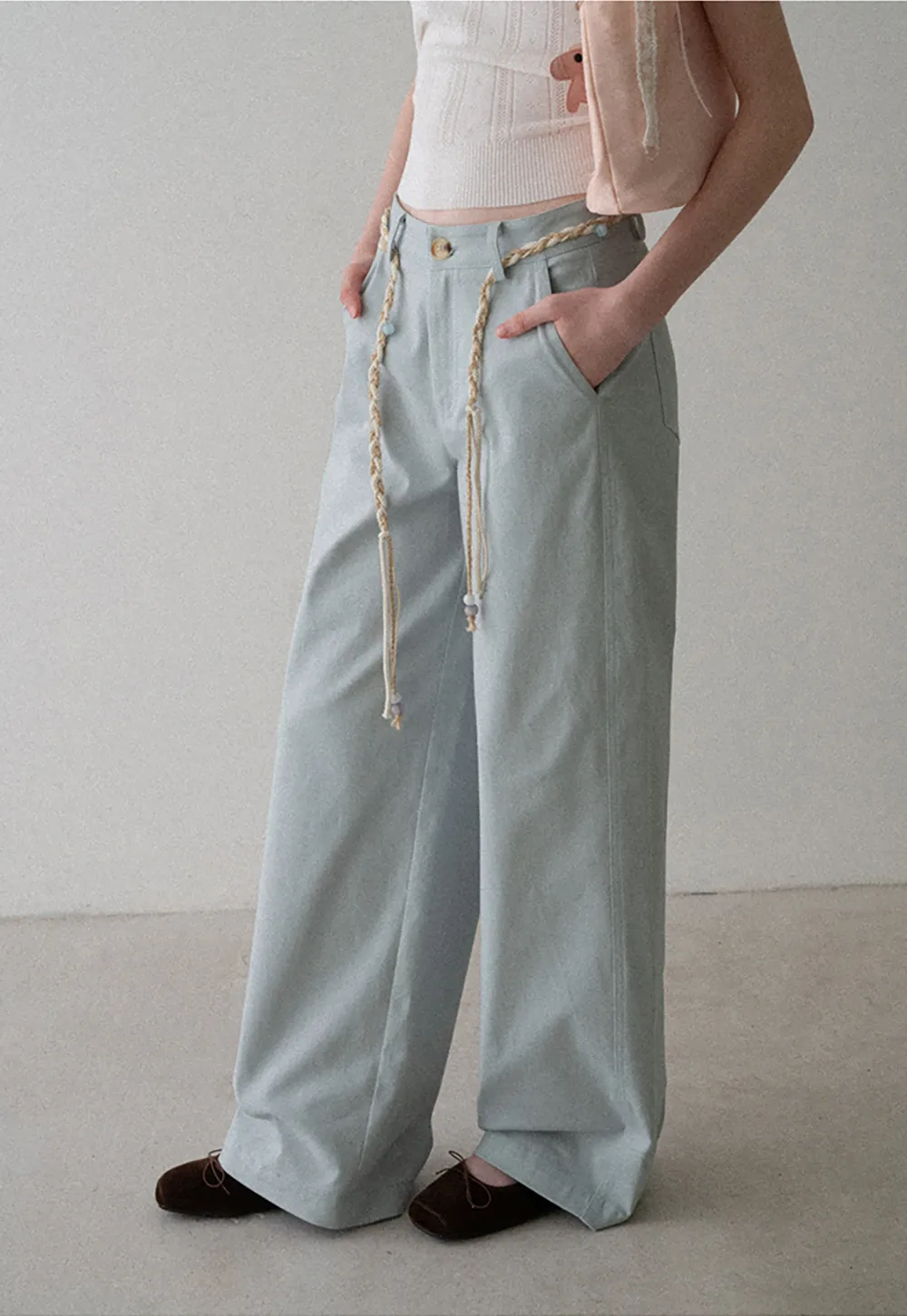 High Waist Wide Leg Pants with Braided Cord Detail