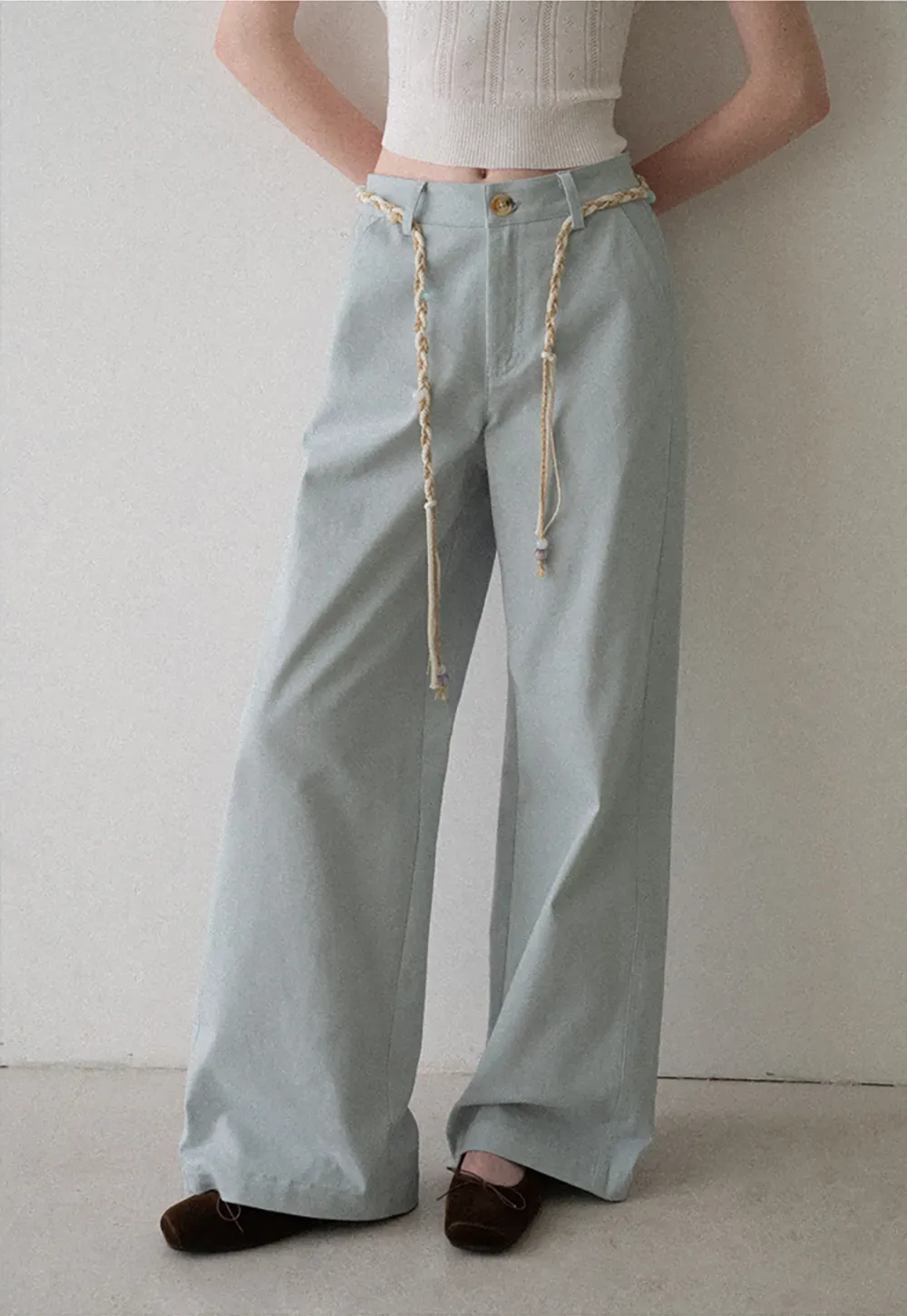 High Waist Wide Leg Pants with Braided Cord Detail