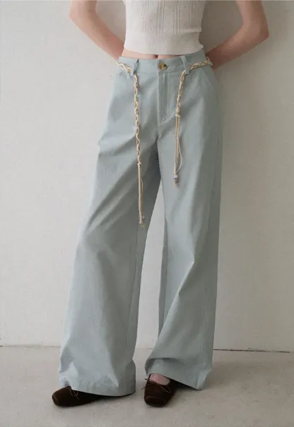 High Waist Wide Leg Pants with Braided Cord Detail