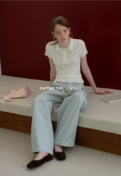 High Waist Wide Leg Pants with Braided Cord Detail