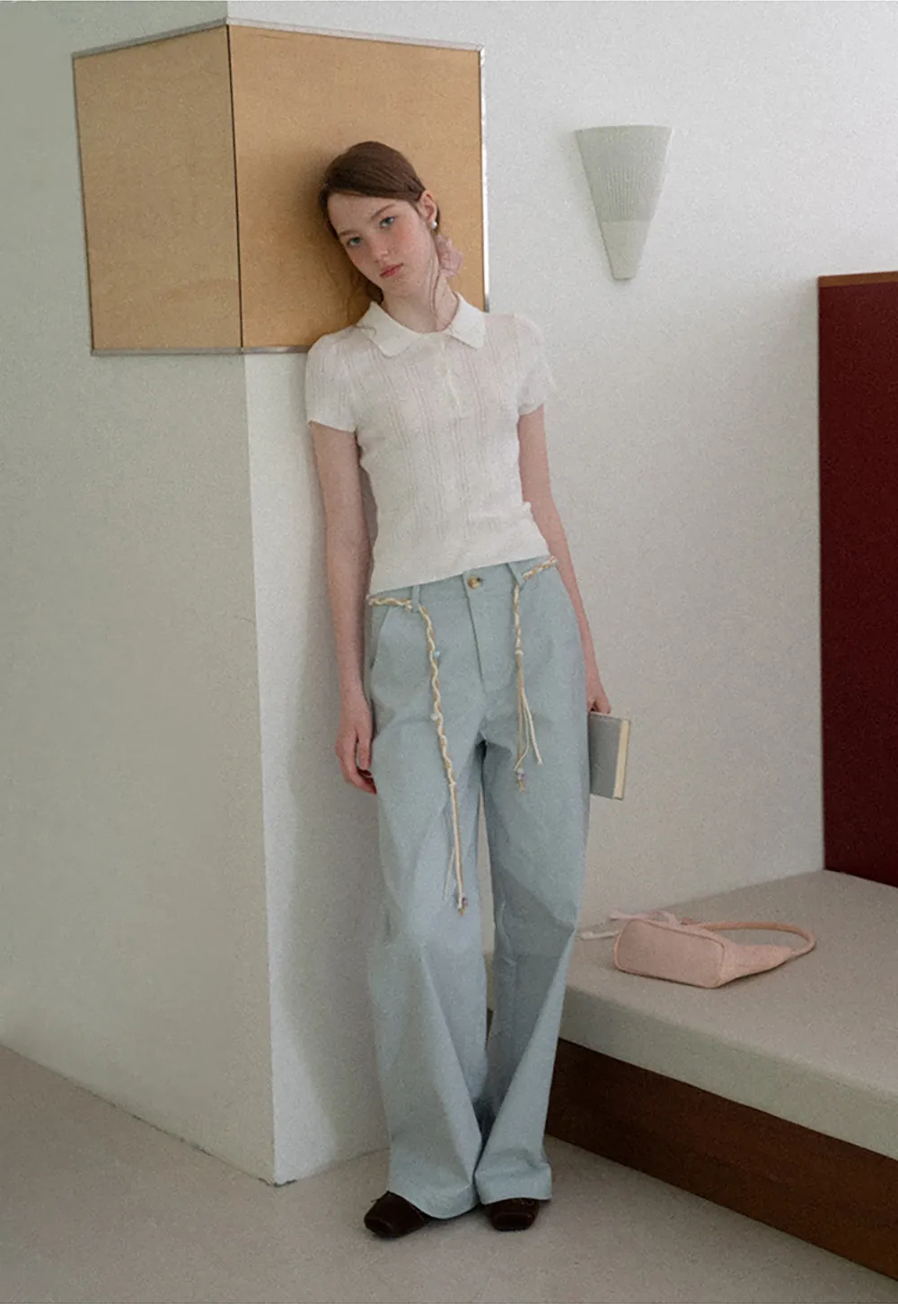 High Waist Wide Leg Pants with Braided Cord Detail