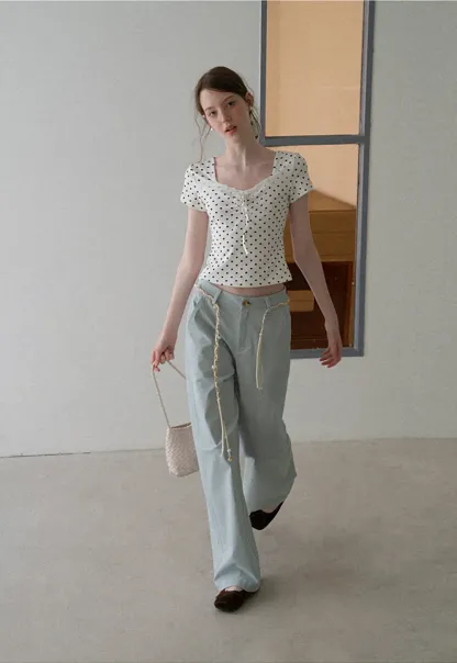 High Waist Wide Leg Pants with Braided Cord Detail