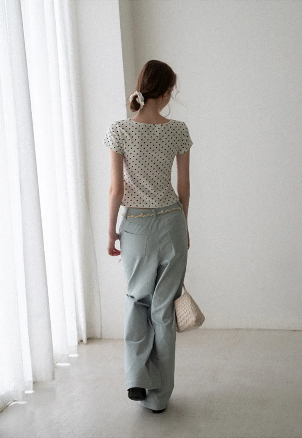 High Waist Wide Leg Pants with Braided Cord Detail