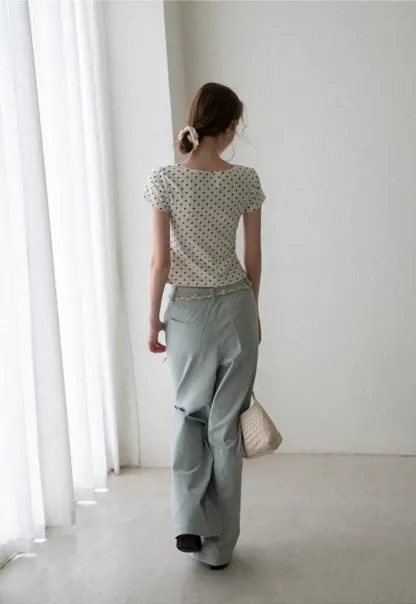 High Waist Wide Leg Pants with Braided Cord Detail