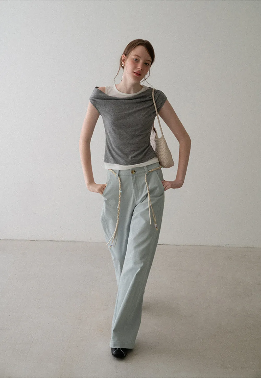 High Waist Wide Leg Pants with Braided Cord Detail