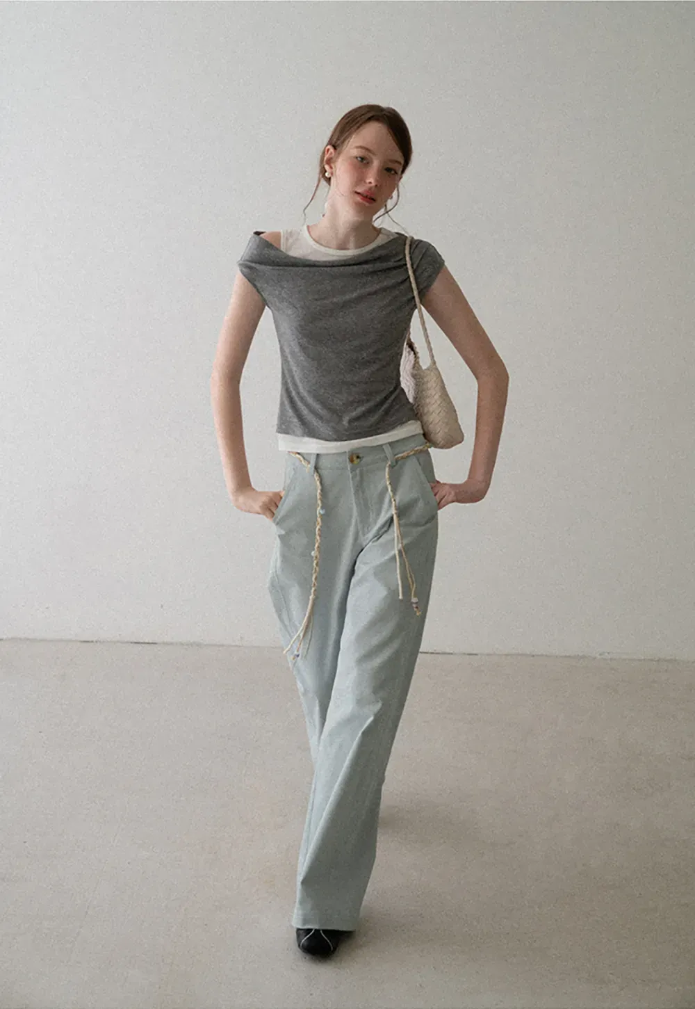 High Waist Wide Leg Pants with Braided Cord Detail
