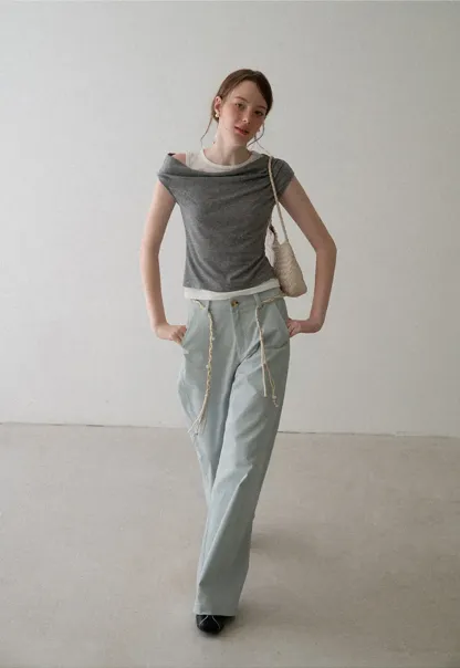 High Waist Wide Leg Pants with Braided Cord Detail