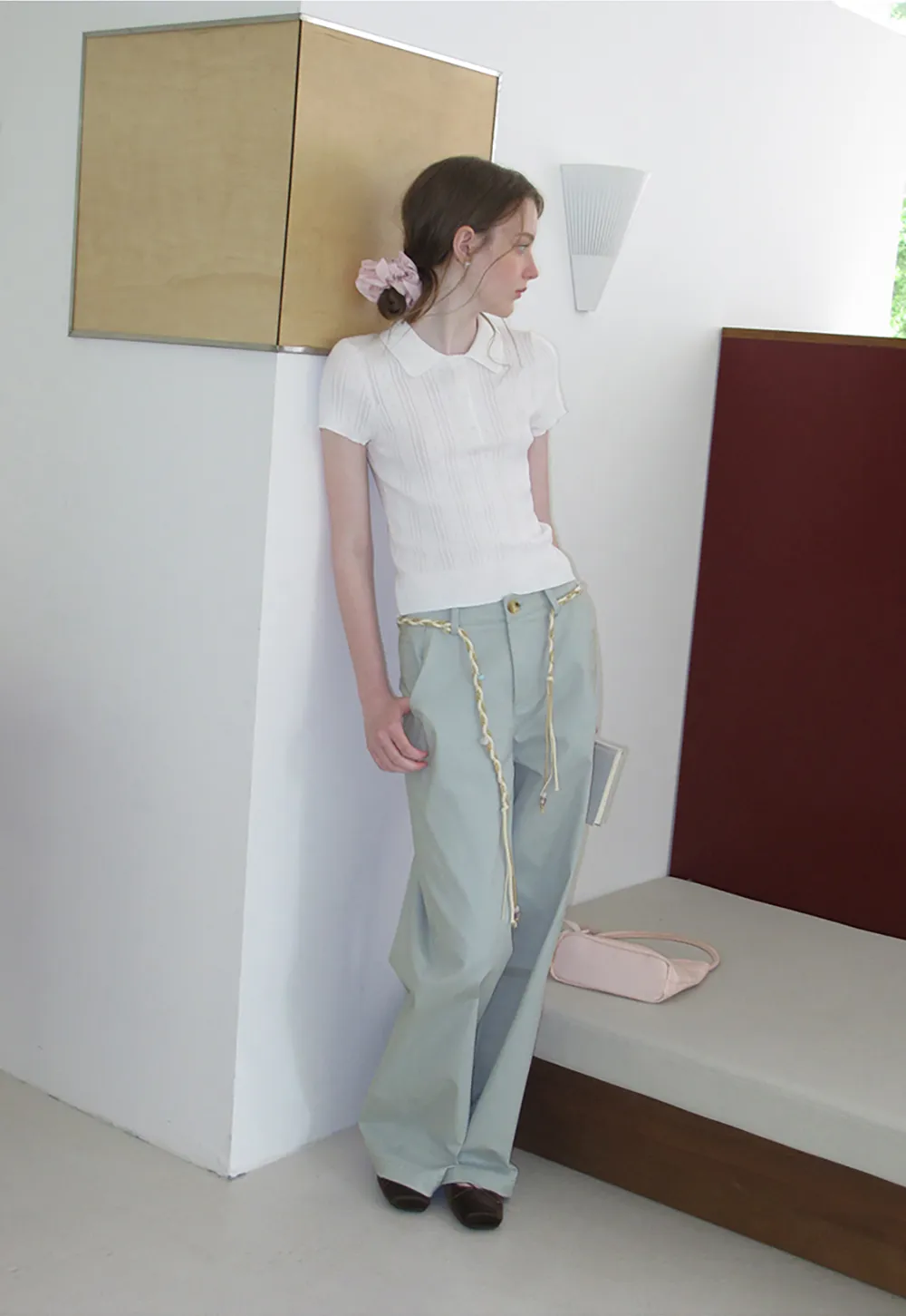 High Waist Wide Leg Pants with Braided Cord Detail