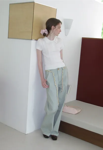 High Waist Wide Leg Pants with Braided Cord Detail