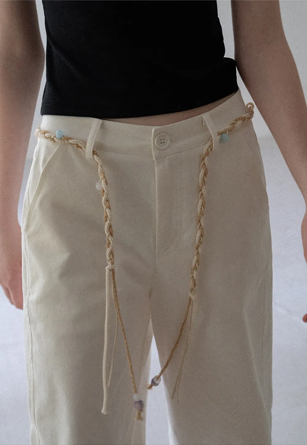 High Waist Wide Leg Pants with Braided Cord Detail