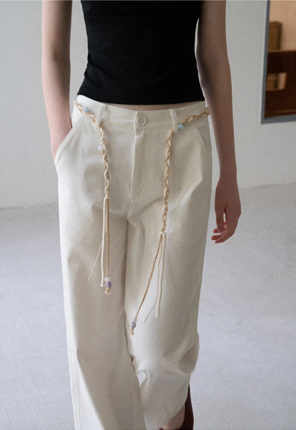 High Waist Wide Leg Pants with Braided Cord Detail