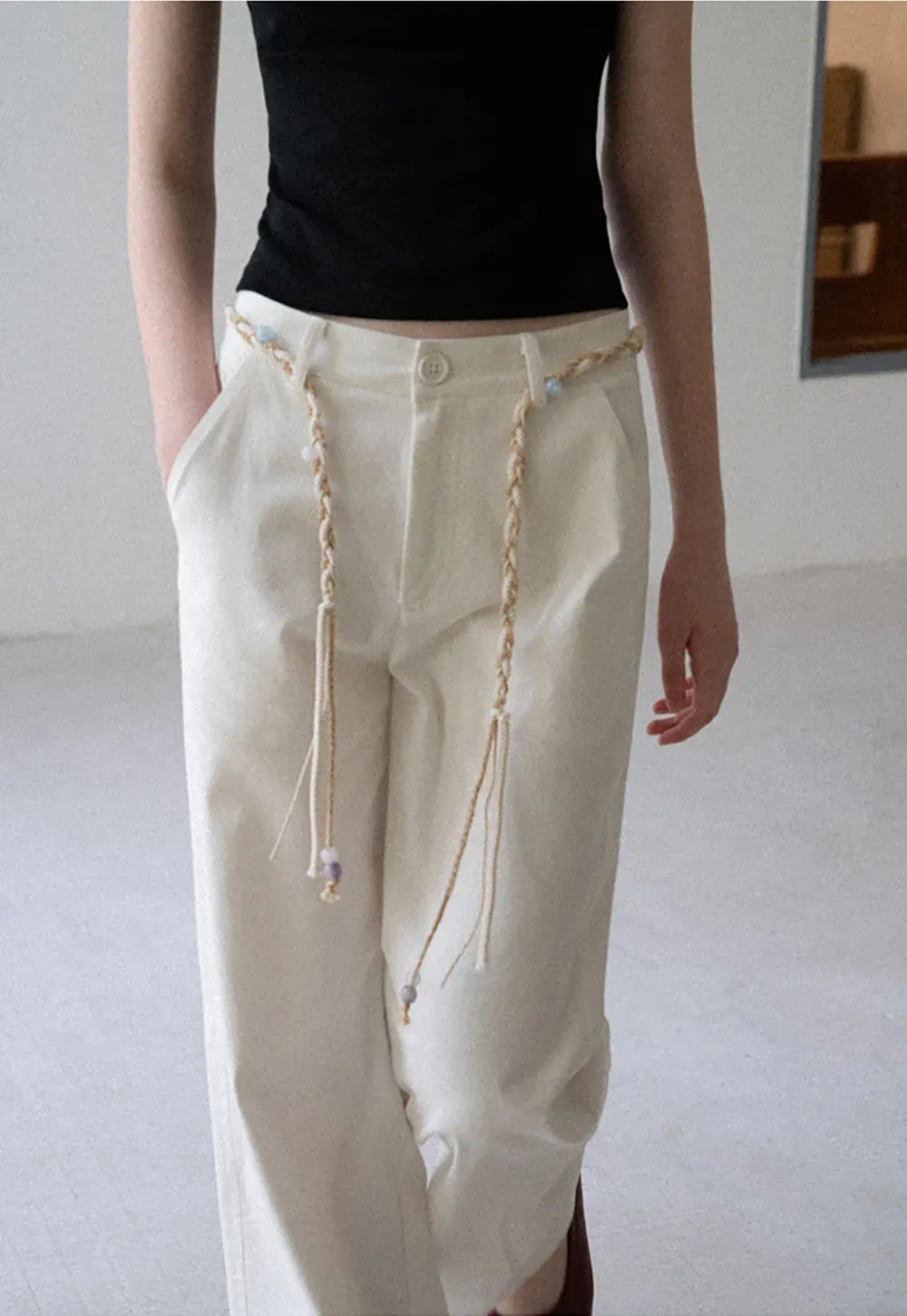 High Waist Wide Leg Pants with Braided Cord Detail