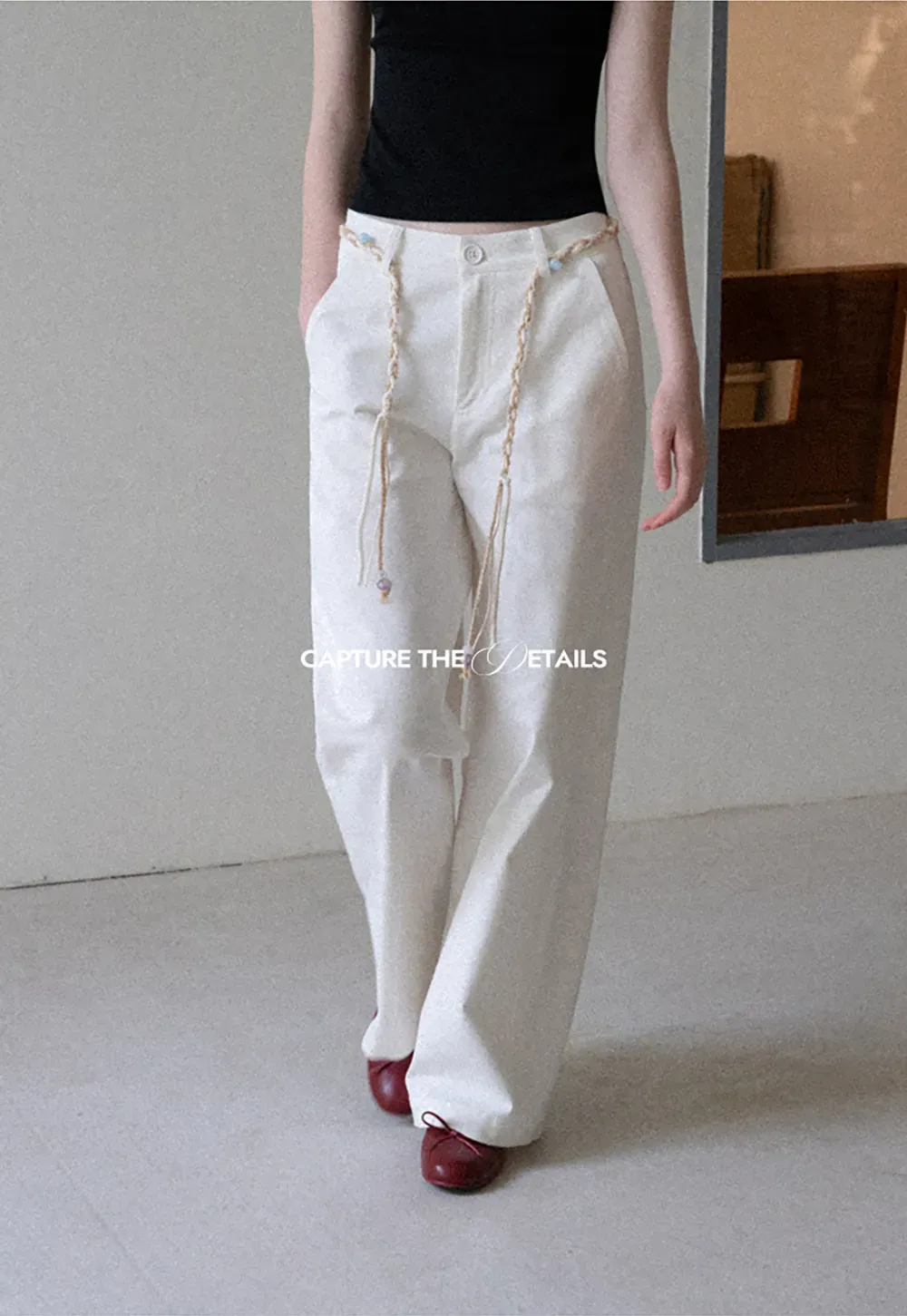 High Waist Wide Leg Pants with Braided Cord Detail