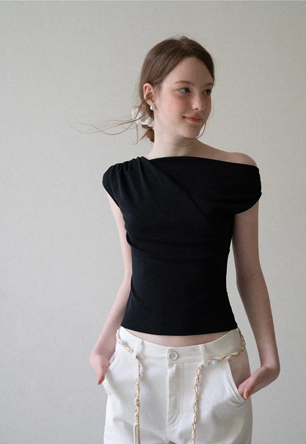 High Waist Wide Leg Pants with Braided Cord Detail