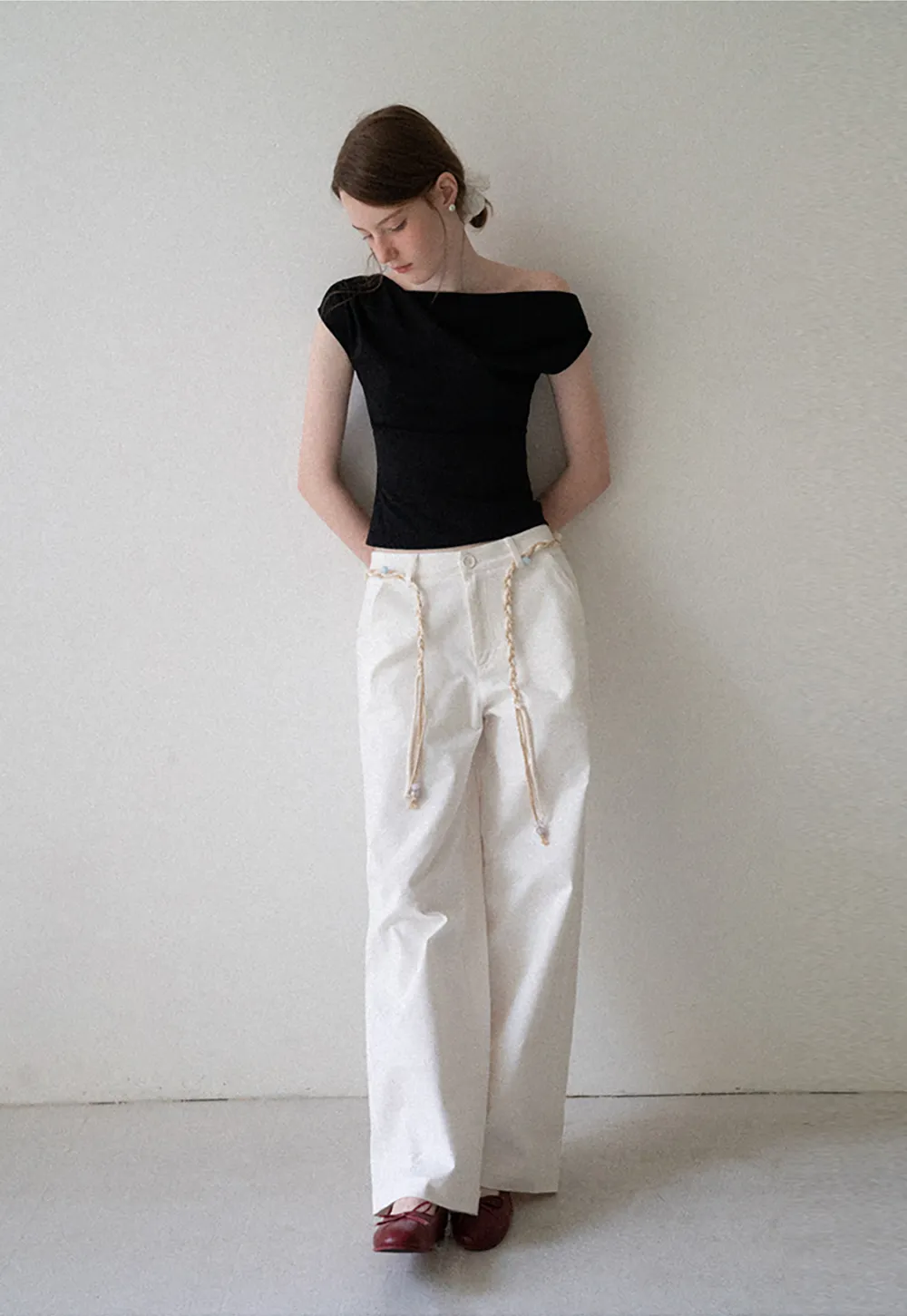 High Waist Wide Leg Pants with Braided Cord Detail