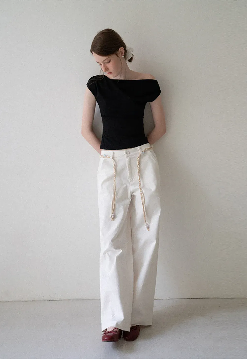 High Waist Wide Leg Pants with Braided Cord Detail
