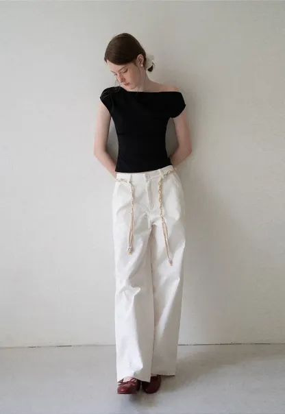 High Waist Wide Leg Pants with Braided Cord Detail