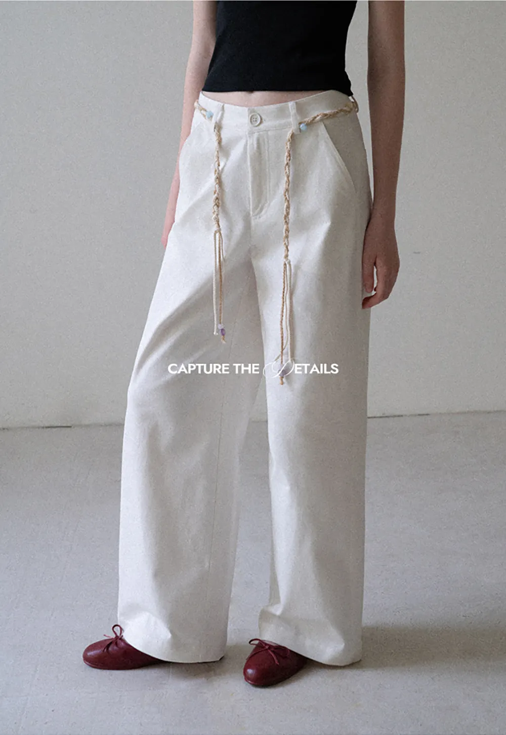 High Waist Wide Leg Pants with Braided Cord Detail