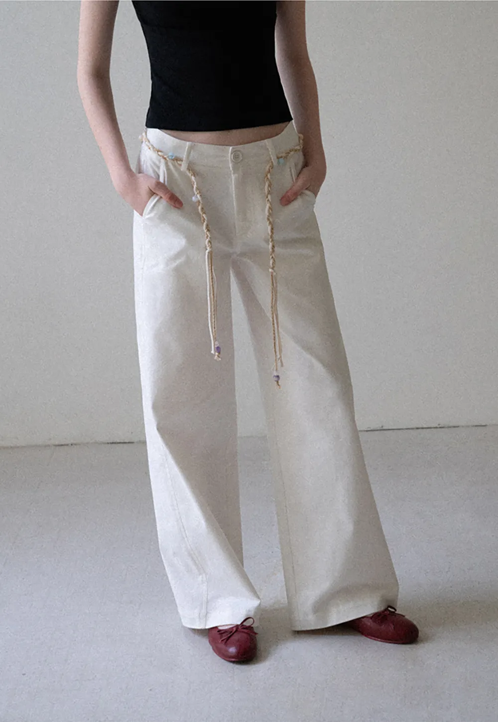 High Waist Wide Leg Pants with Braided Cord Detail