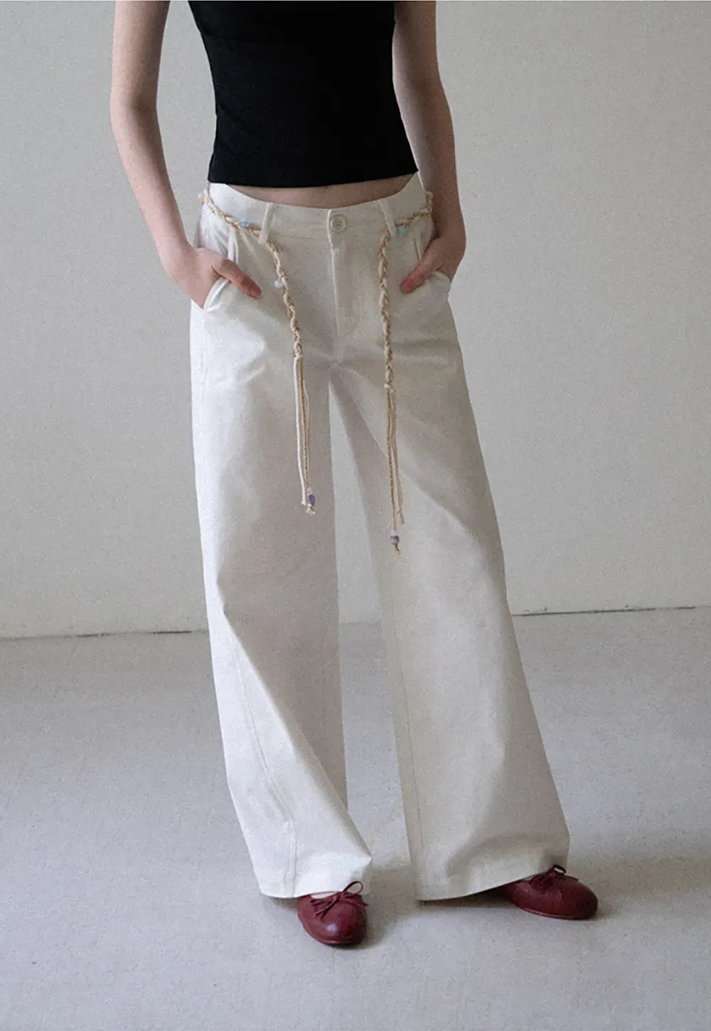 High Waist Wide Leg Pants with Braided Cord Detail