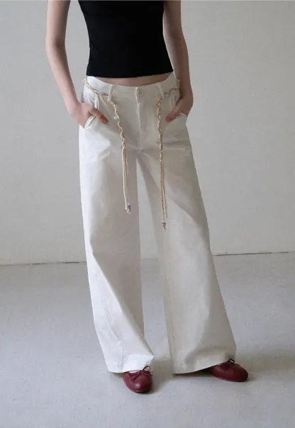 High Waist Wide Leg Pants with Braided Cord Detail