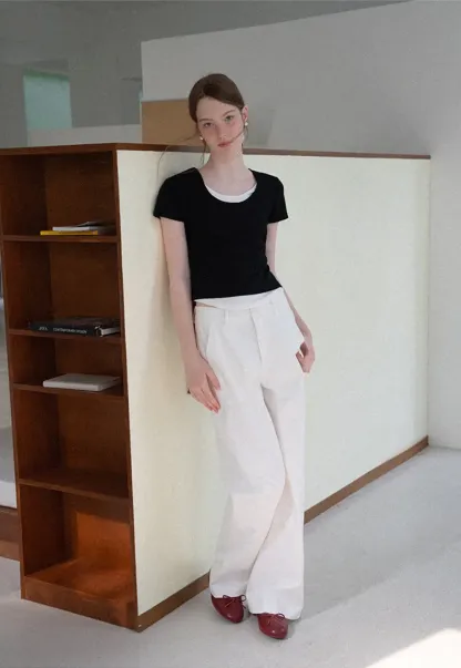 High Waist Wide Leg Pants with Braided Cord Detail