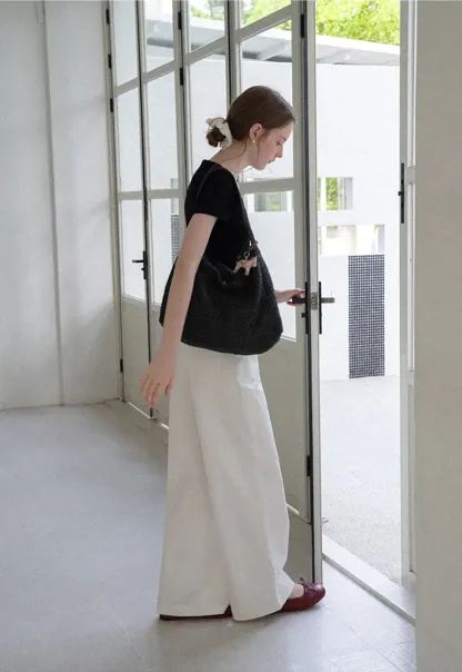 High Waist Wide Leg Pants with Braided Cord Detail