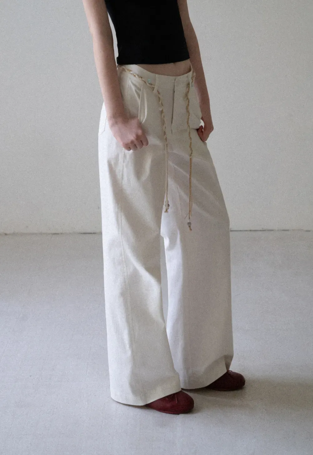 High Waist Wide Leg Pants with Braided Cord Detail
