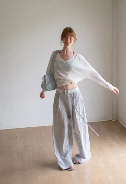 High Waist Pleated Wide Leg Striped Casual Pants