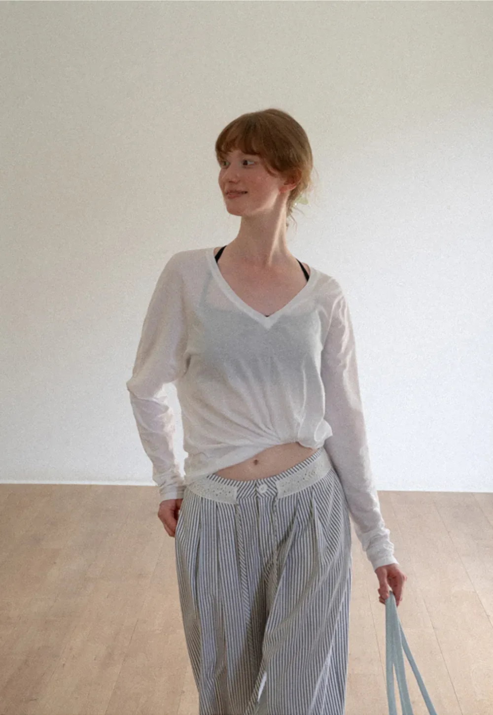 High Waist Pleated Wide Leg Striped Casual Pants