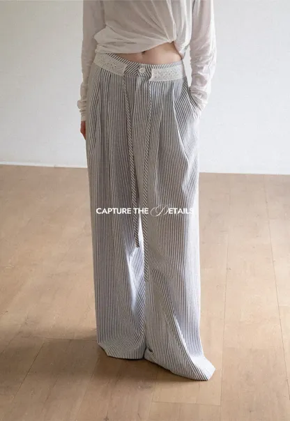 High Waist Pleated Wide Leg Striped Casual Pants