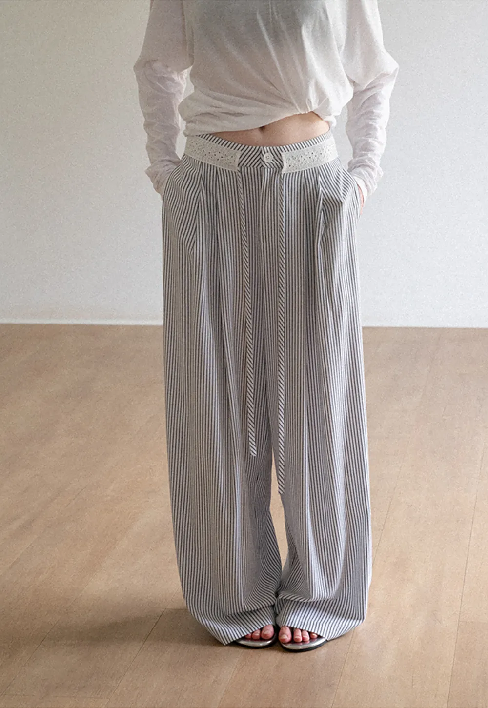 High Waist Pleated Wide Leg Striped Casual Pants