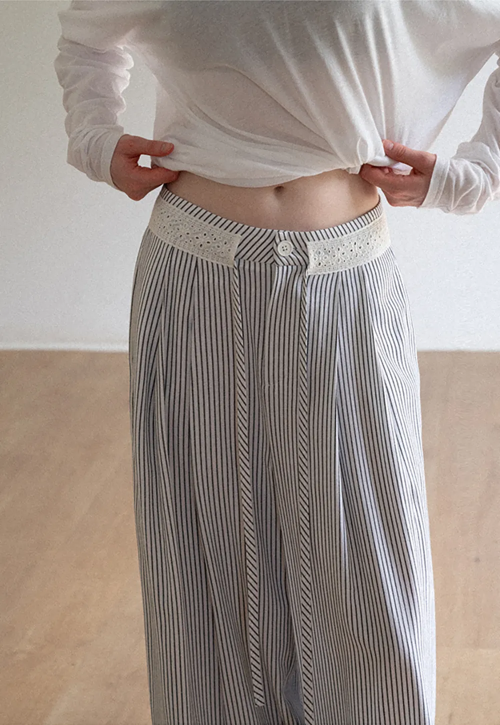 High Waist Pleated Wide Leg Striped Casual Pants