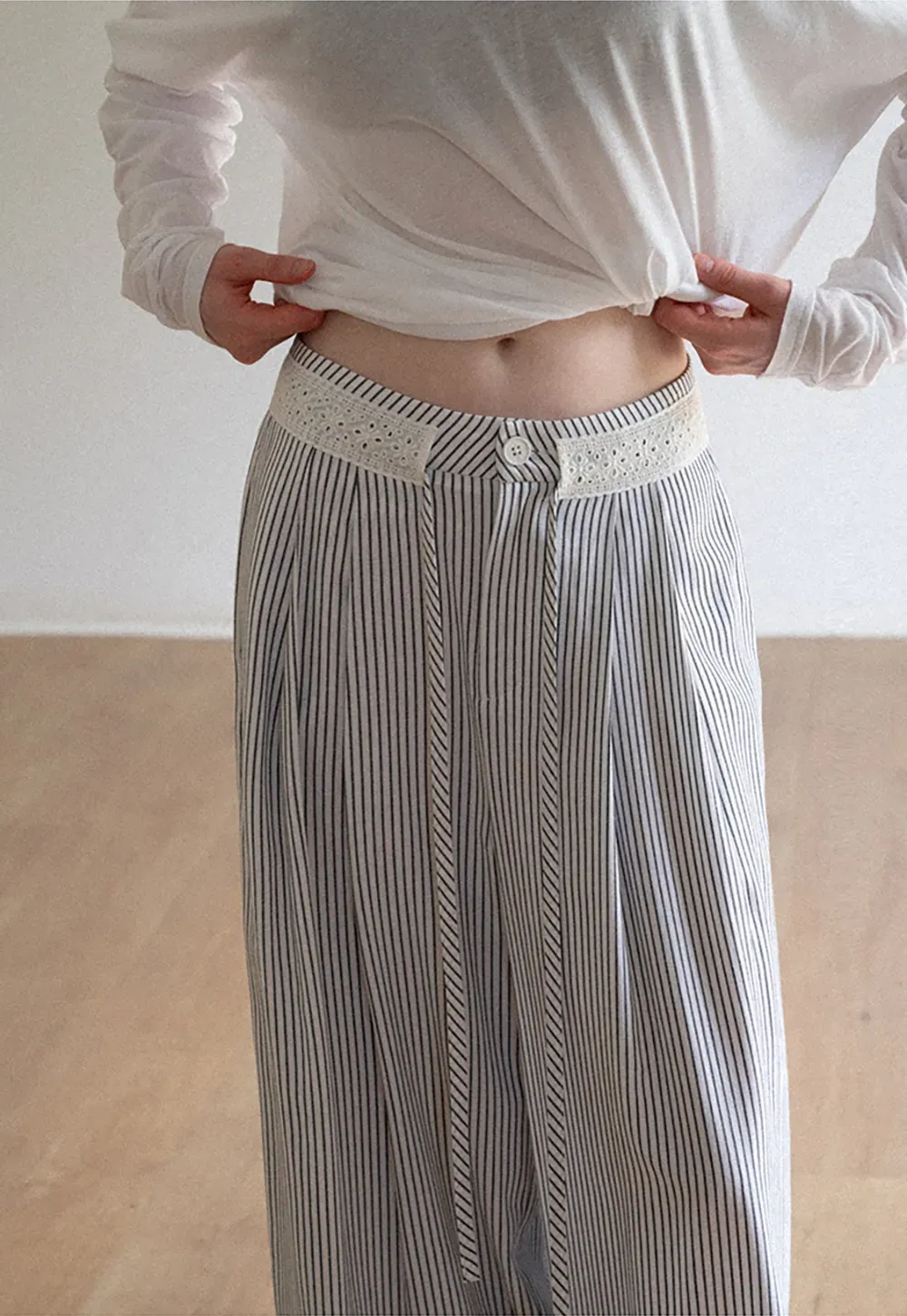 High Waist Pleated Wide Leg Striped Casual Pants