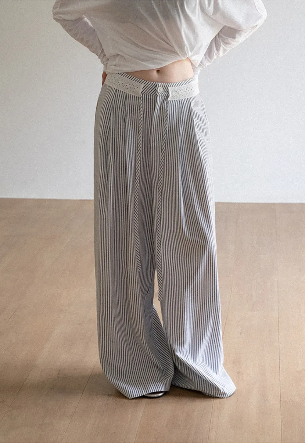 High Waist Pleated Wide Leg Striped Casual Pants