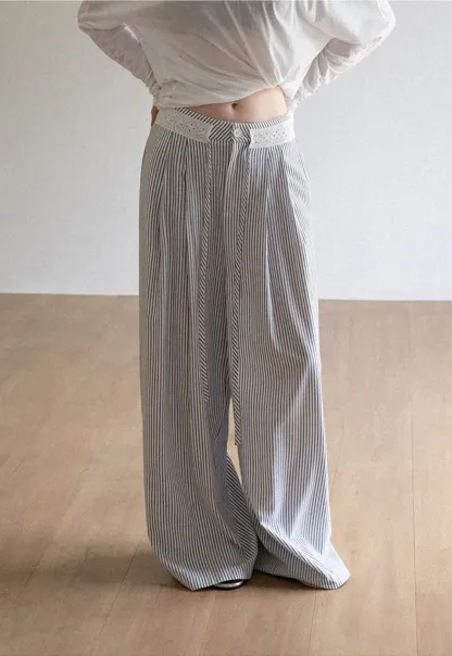 High Waist Pleated Wide Leg Striped Casual Pants