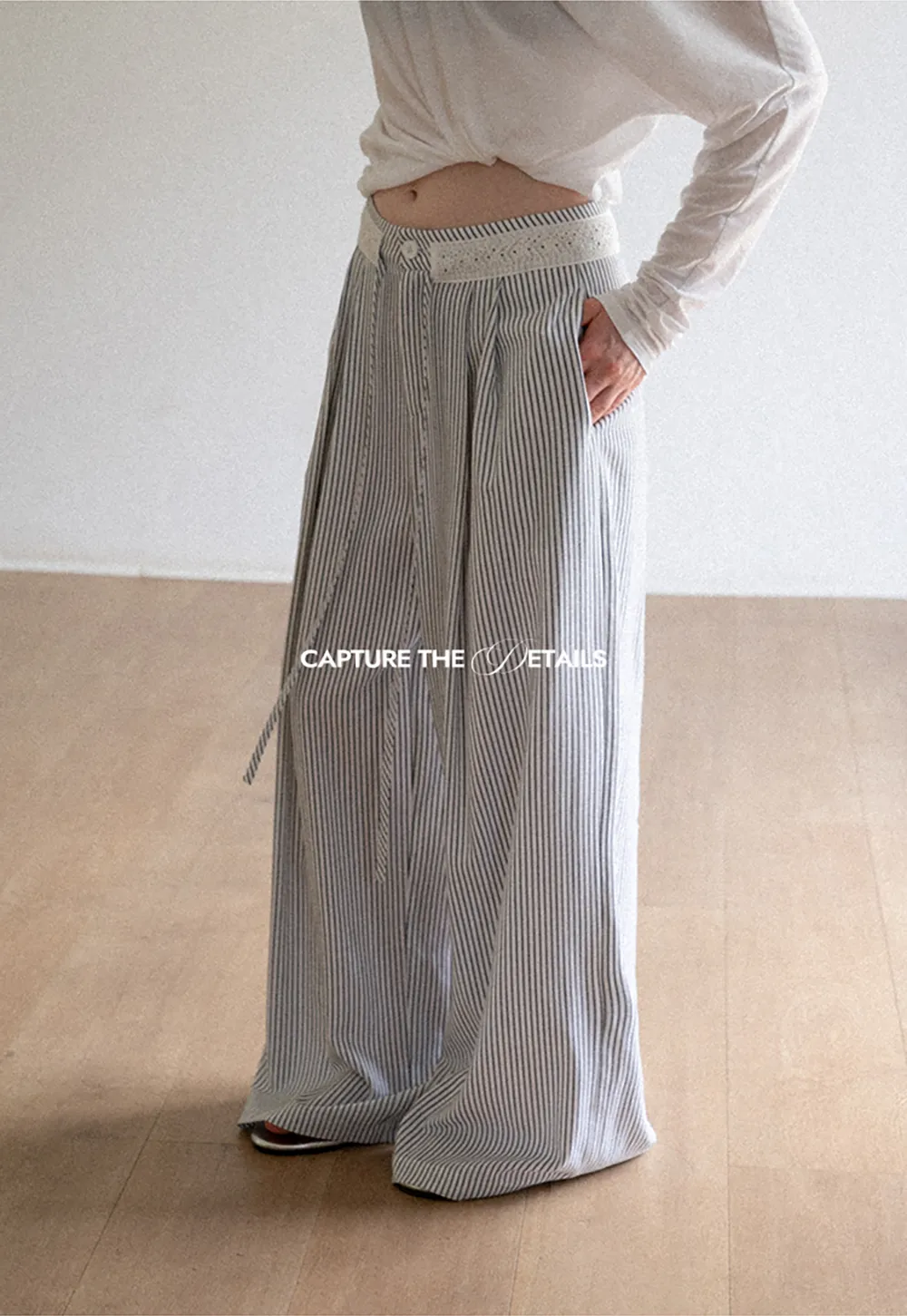 High Waist Pleated Wide Leg Striped Casual Pants