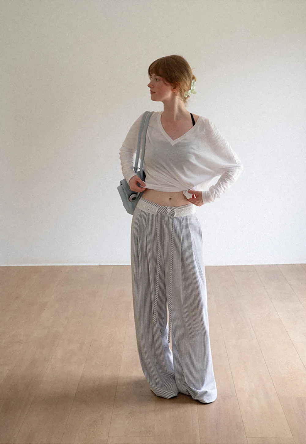 High Waist Pleated Wide Leg Striped Casual Pants