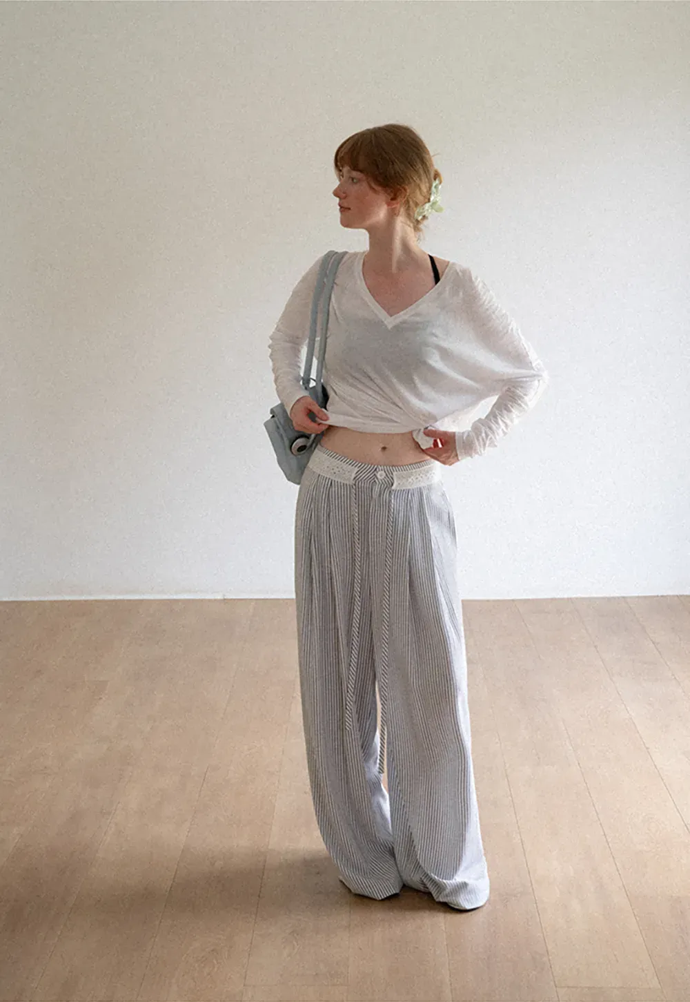 High Waist Pleated Wide Leg Striped Casual Pants