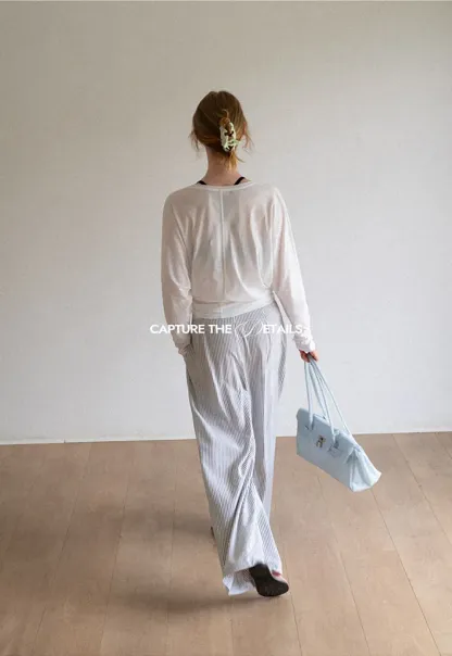 High Waist Pleated Wide Leg Striped Casual Pants