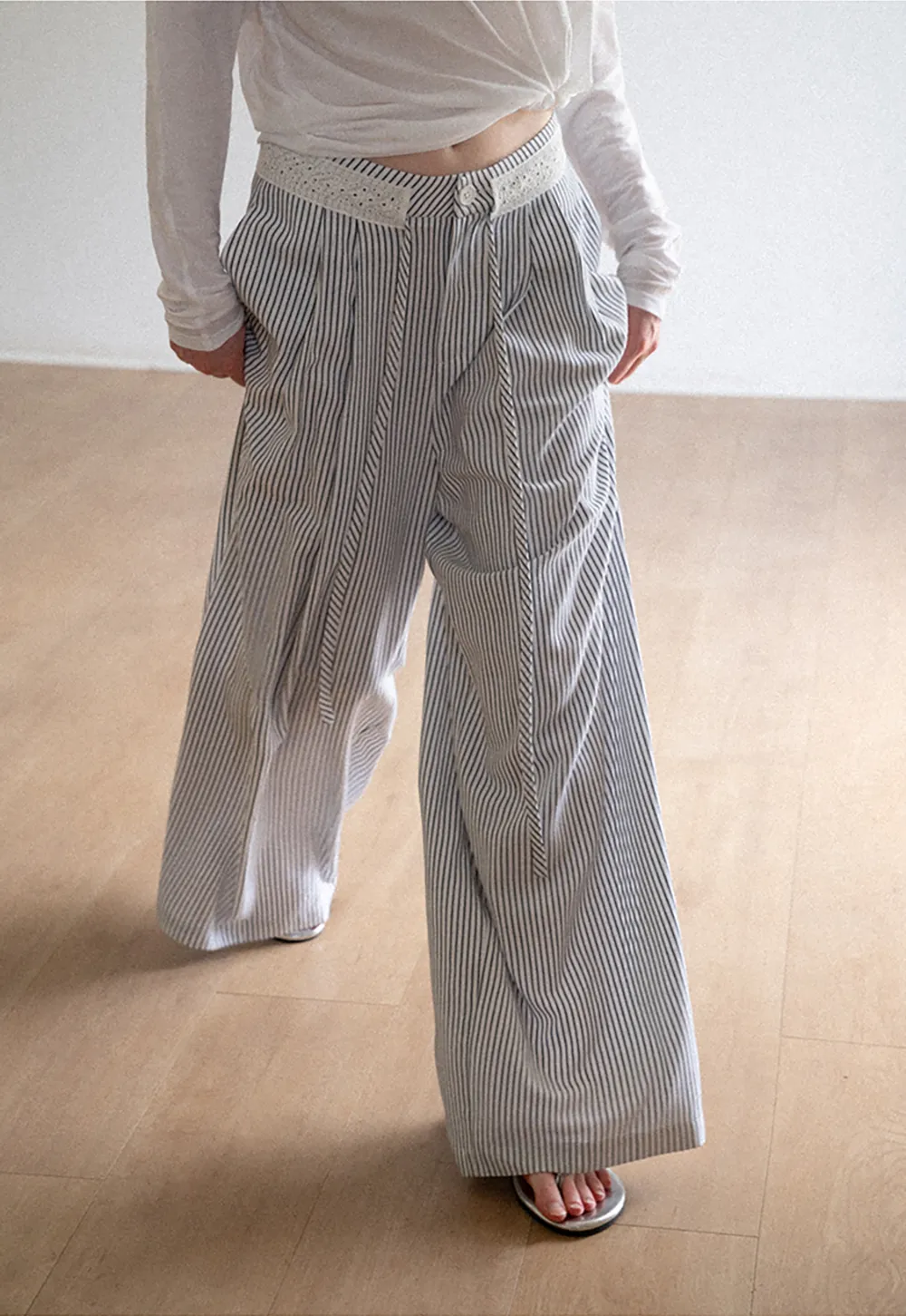 High Waist Pleated Wide Leg Striped Casual Pants