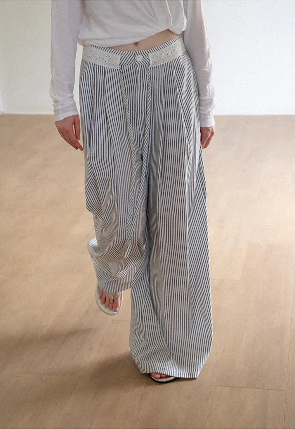 High Waist Pleated Wide Leg Striped Casual Pants