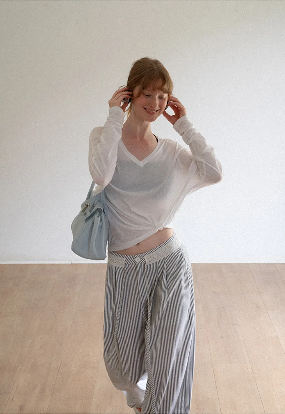 High Waist Pleated Wide Leg Striped Casual Pants