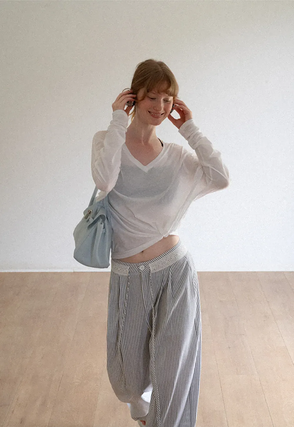 High Waist Pleated Wide Leg Striped Casual Pants