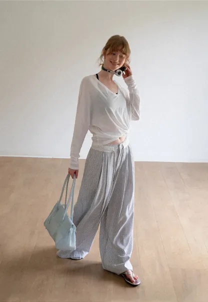 High Waist Pleated Wide Leg Striped Casual Pants
