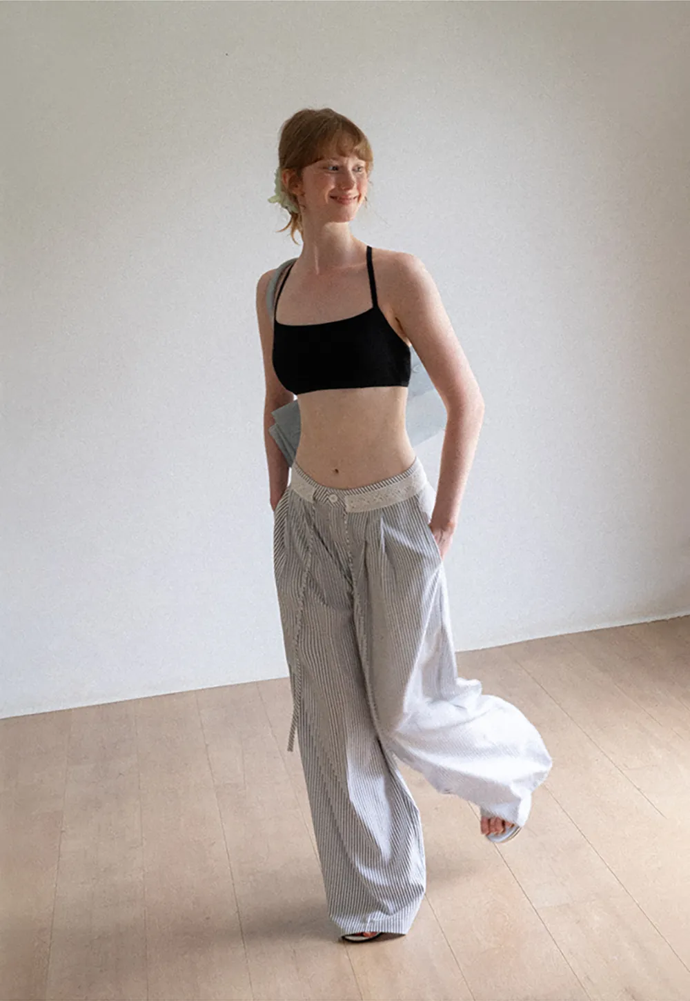 High Waist Pleated Wide Leg Striped Casual Pants