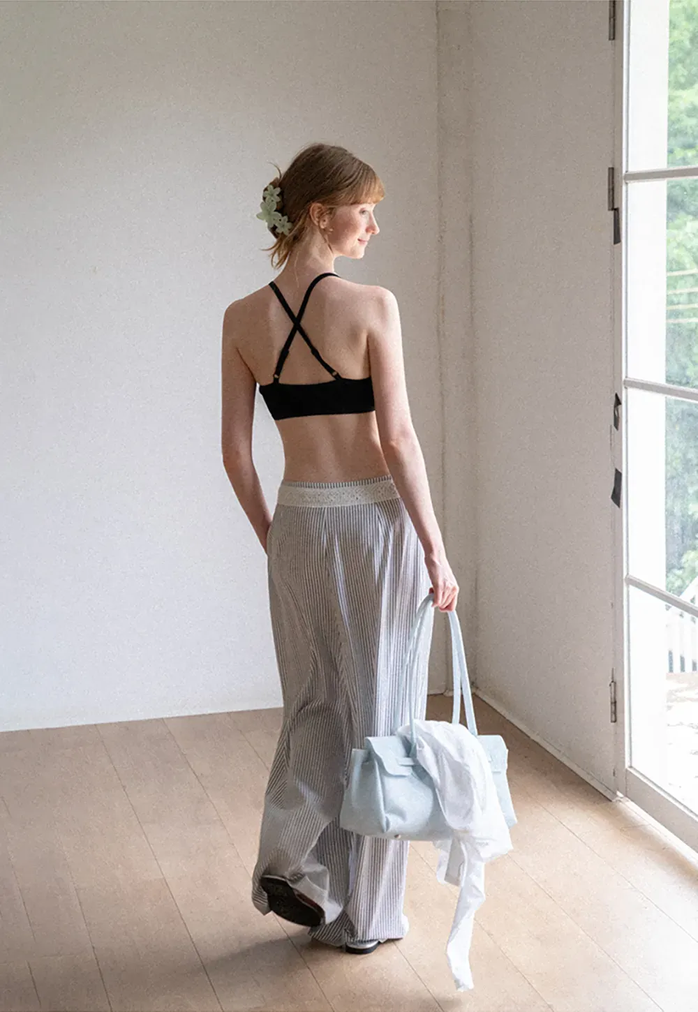 High Waist Pleated Wide Leg Striped Casual Pants