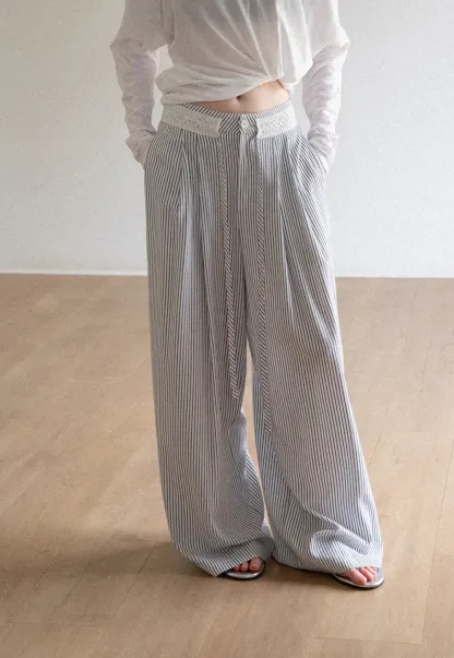 High Waist Pleated Wide Leg Striped Casual Pants