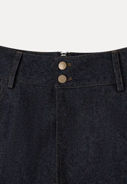 High Waist Double Button Denim A Line Skirt